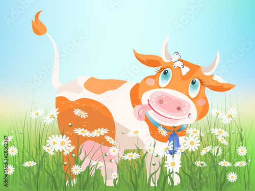 The small red cow on chamomiles meadow.