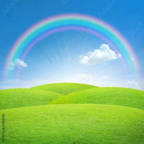 Green field with blue sky and perfect rainbow