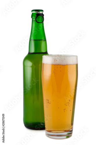 Beer, bottle, glass, isolated on white background clipping path.