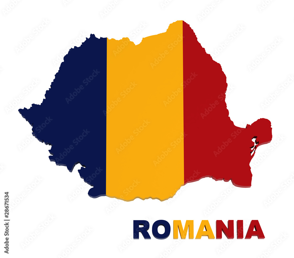 Romania, map with flag, isolated on white, 3d Romania, map with flag, isolated on white, 3d