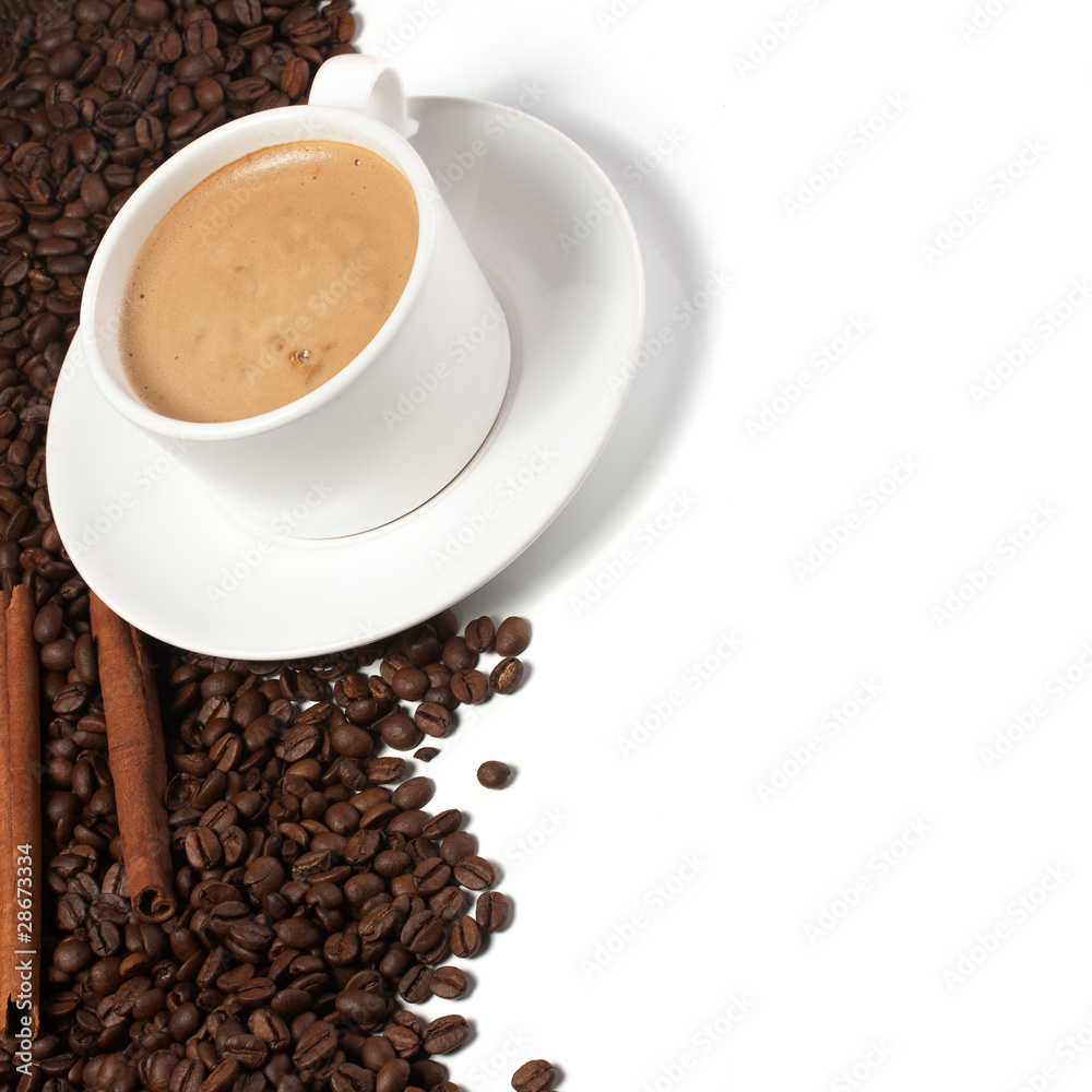 cappuccino coffee beans and cinamon on white background cappuccino coffee beans and cinamon on white background