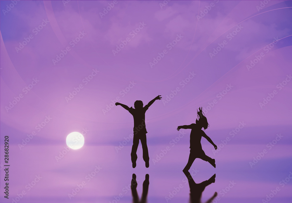 Silhouette of 2 children jumping