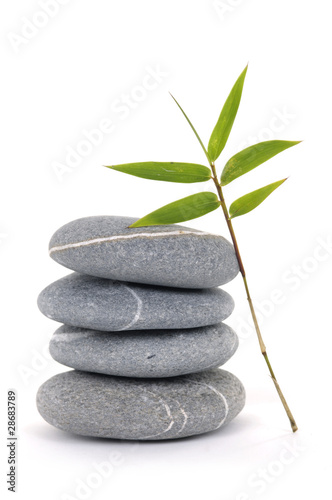 stacked pebbles with bamboo leaf