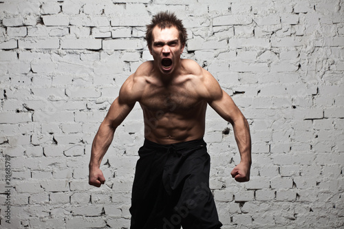 Cuadro en lienzo Strong muscular man stay in rage roar at white brick wall