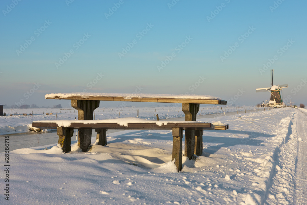 custom made wallpaper toronto digitalFrozen landcape with windmill and bench