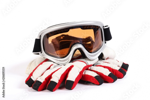 ski snowboard goggles with gloves isolated on white background