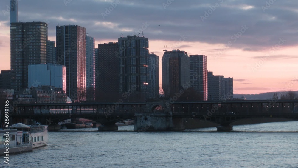 Skyscrapers on Seine river bank, the bridge through the river. Skyscrapers on Seine river bank, the bridge through the river.