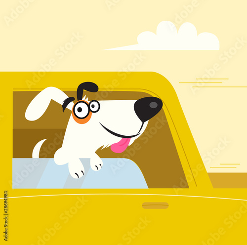 Happy black and white dog travelling in yellow car. VECTOR