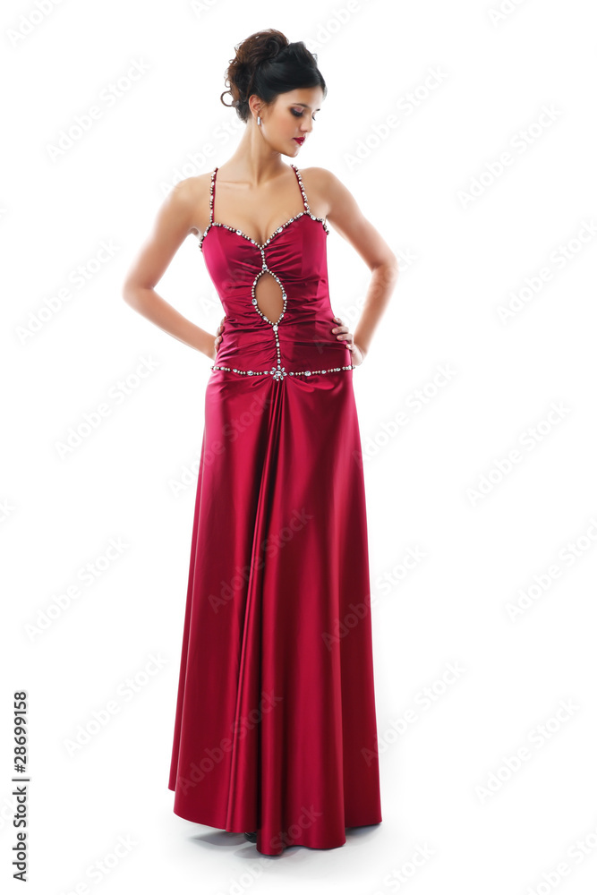 cute brunette in a red dress