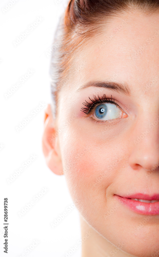 Half face of lovely girl close up on white background. Half face of lovely girl close up on white background.