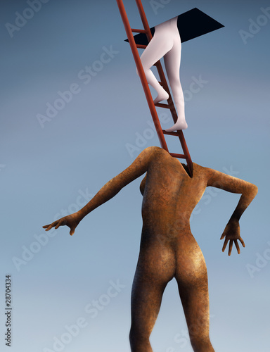 surreal painting of a person climbing a ladder into the sky