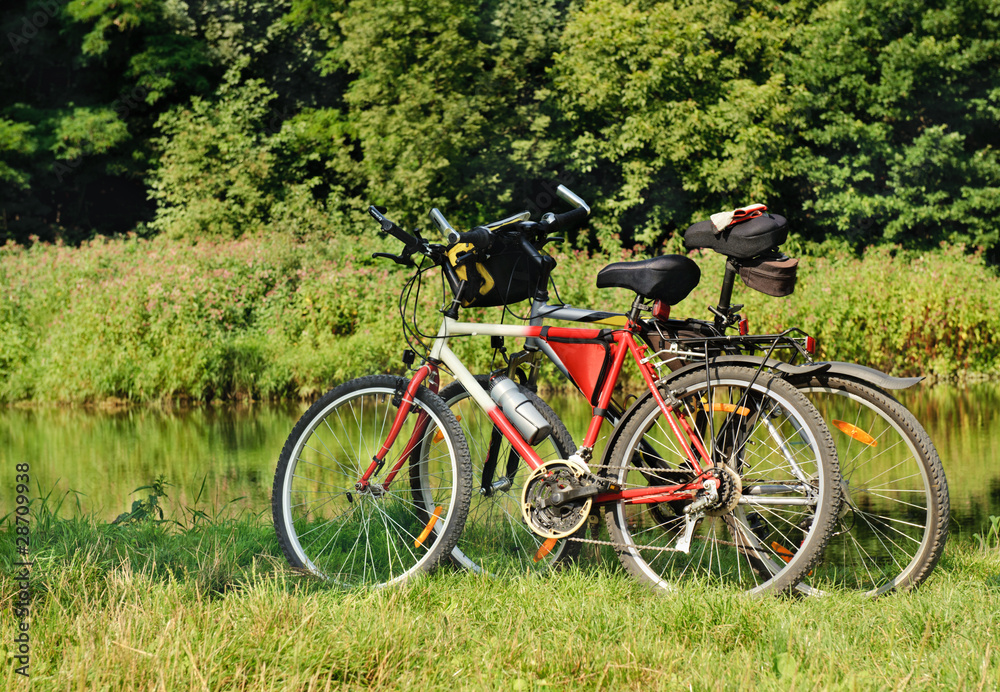 Bicycles parked near the lake