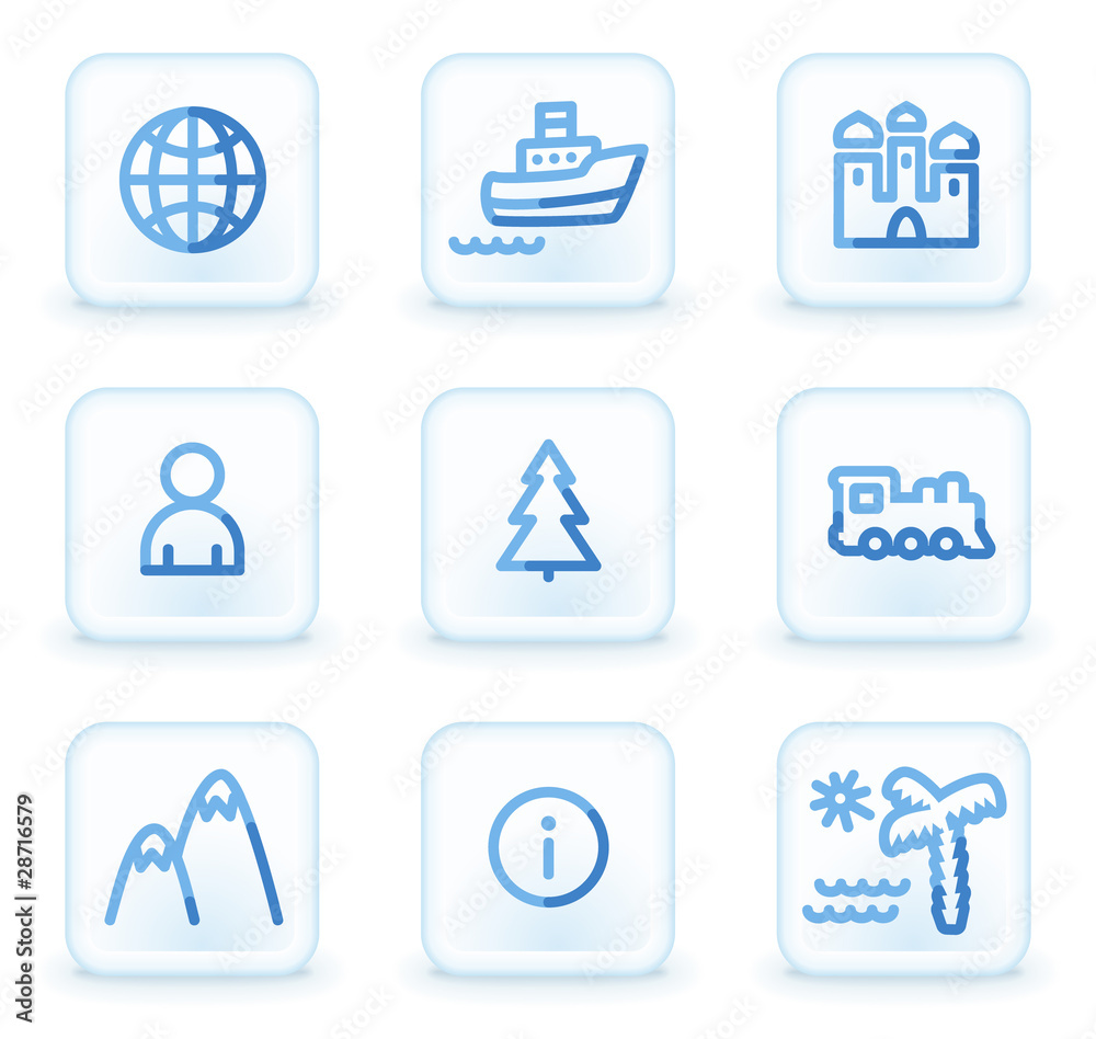 Travel web icons set 1, square ice buttons Travel web icons set 1, square ice buttons