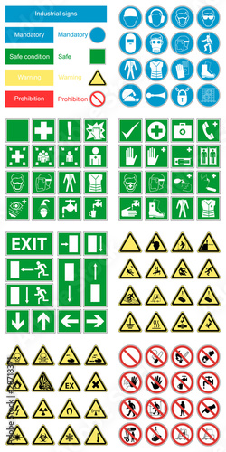 Hazard safety and green emergency signs vector set