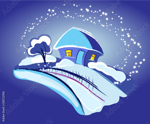 farm house with snow and stars