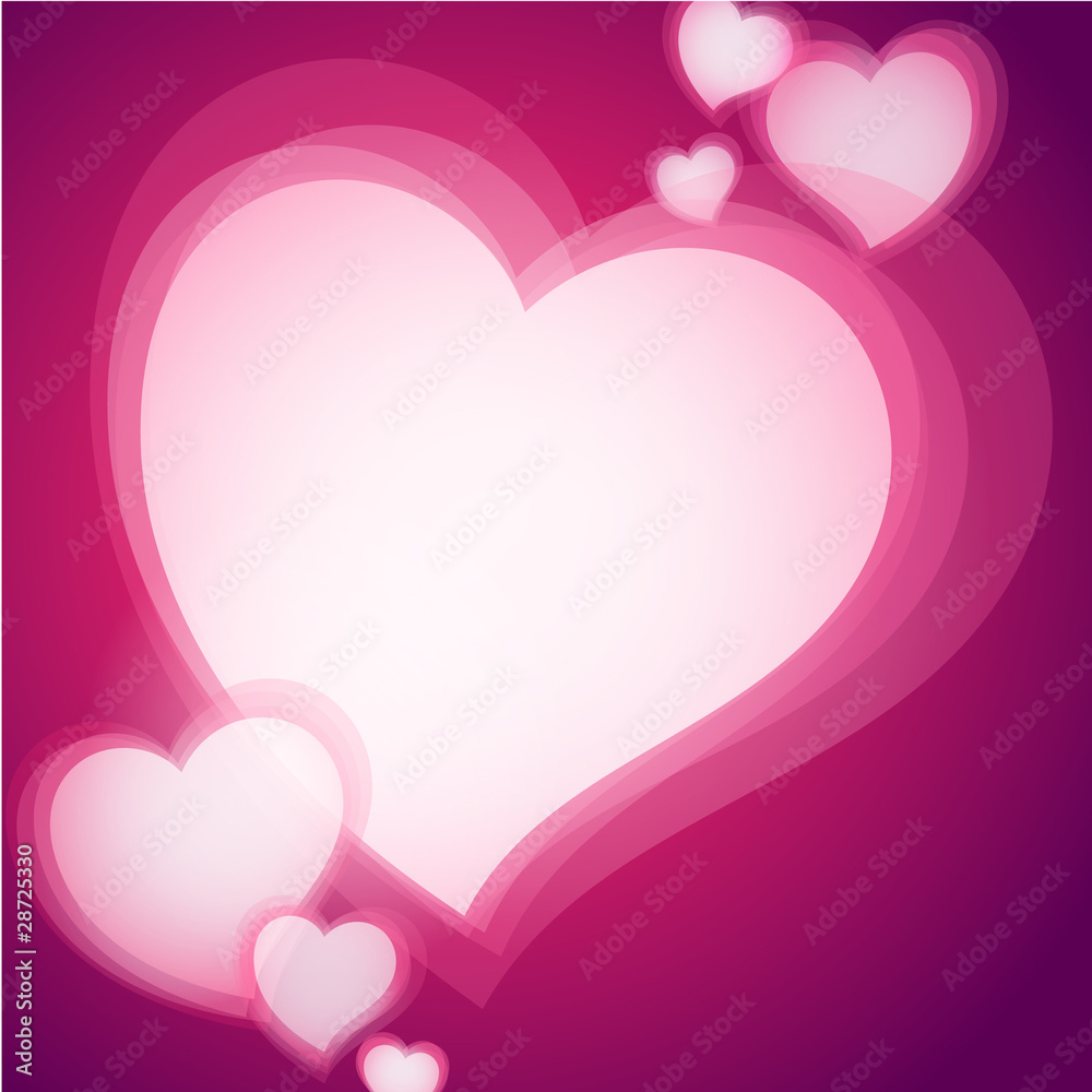 brighty glowing pink hearts of different sizes