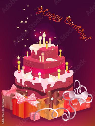 Festive postcard with birthday tort presents and candles.