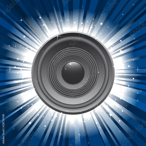 speaker with blue star burst background