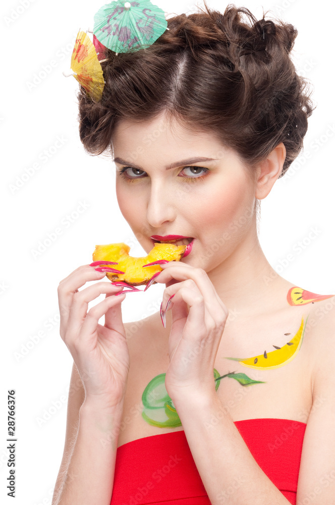 Close up portrait of beauty woman with fruit bodyart and pineapp Close up portrait of beauty woman with fruit bodyart and pineapp