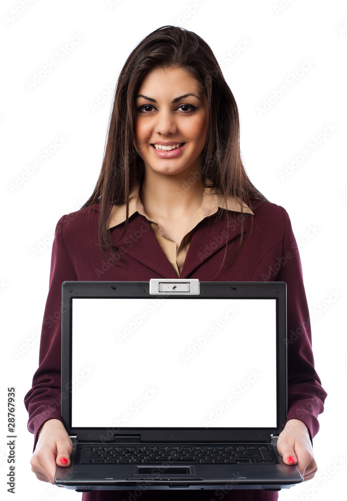 Hispanic businesswoman with laptop isolated on white Hispanic businesswoman with laptop isolated on white