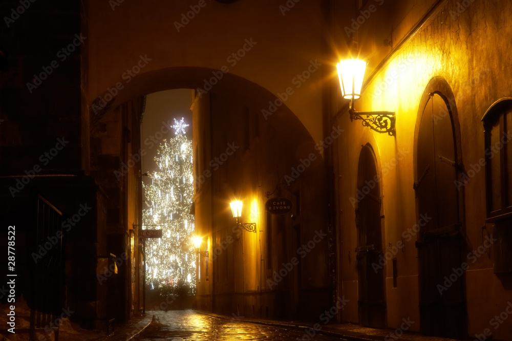 mysterious narrow alley with christmas tree - obrazy, fototapety, plakaty 