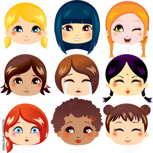 Set of facial expressions of cute girls from ethnic groups