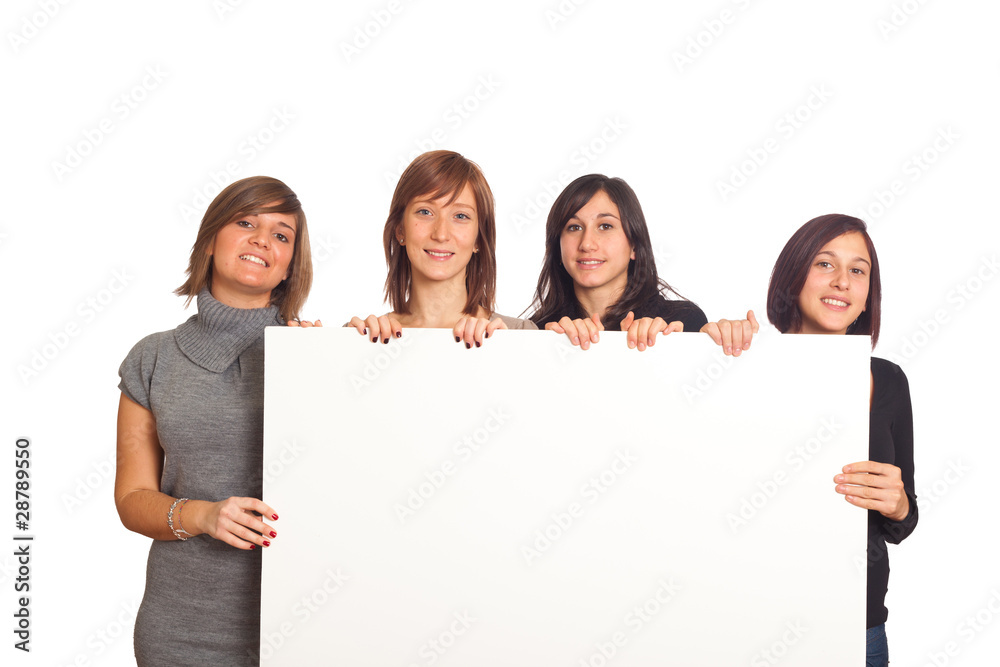 Four Beautiful Girls Holding a Blank Billboard Four Beautiful Girls Holding a Blank Billboard
