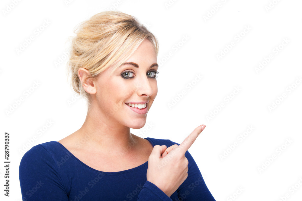 Attractive Woman Pointing at Something - Logo, Sign or Shop Attractive Woman Pointing at Something - Logo, Sign or Shop