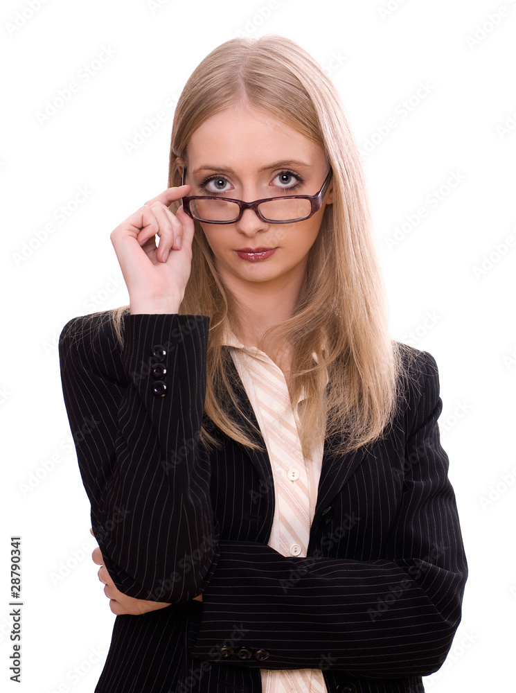 Young blonde businesswoman holding glasses Young blonde businesswoman holding glasses