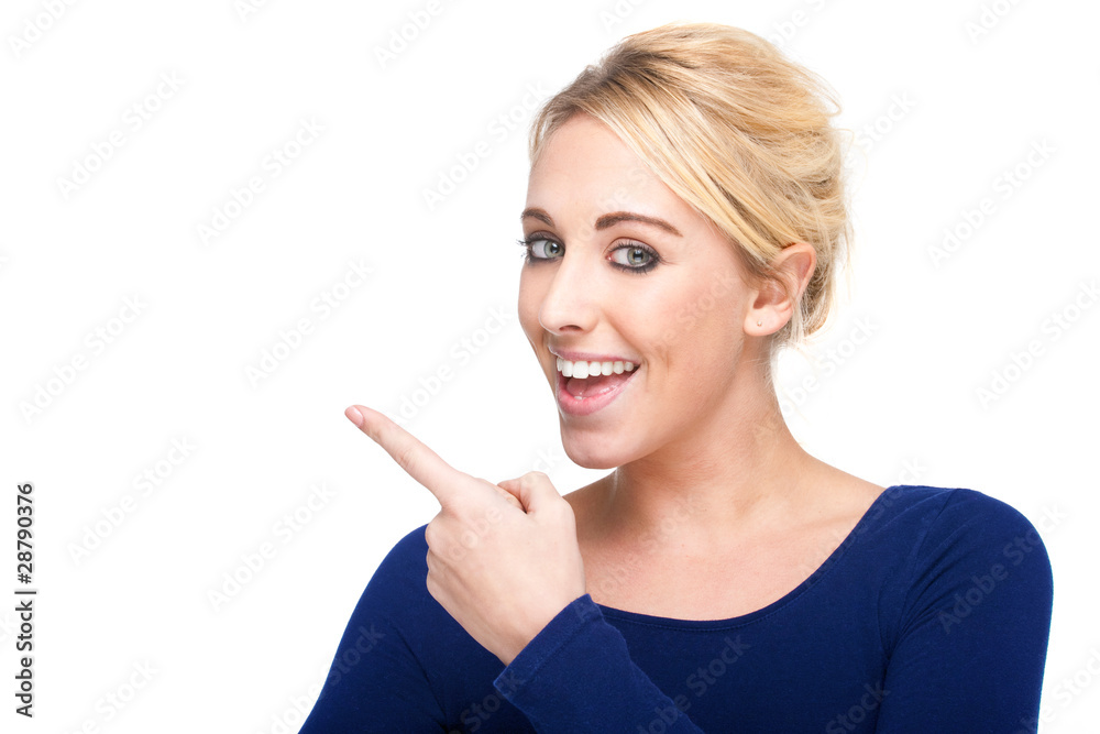 Attractive Woman Pointing at Something - Logo, Sign or Shop Attractive Woman Pointing at Something - Logo, Sign or Shop