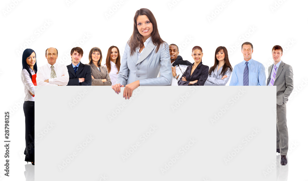 group of business people holding a banner ad isolated group of business people holding a banner ad isolated