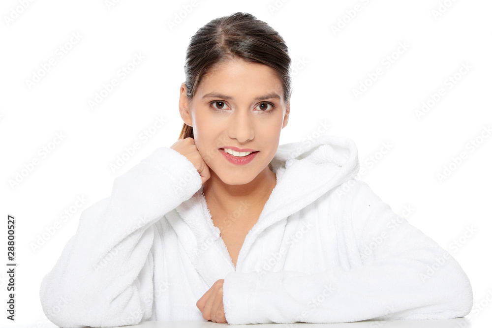 Young beautiful happy woman in bathrobe Young beautiful happy woman in bathrobe