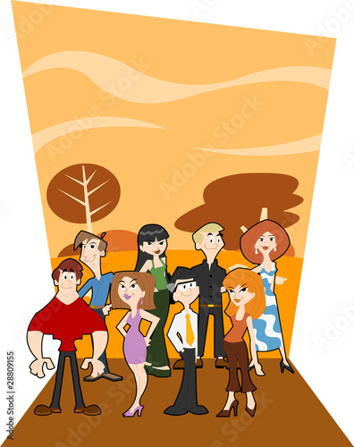 Group of cartoon people on orange background