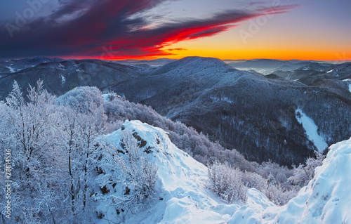 Majestic sunrise in the winter mountains landscape