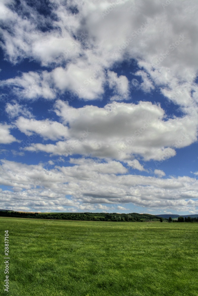 Wolken ziehen vor blauem Himmel über Frühlingswiese Wolken ziehen vor blauem Himmel über Frühlingswiese