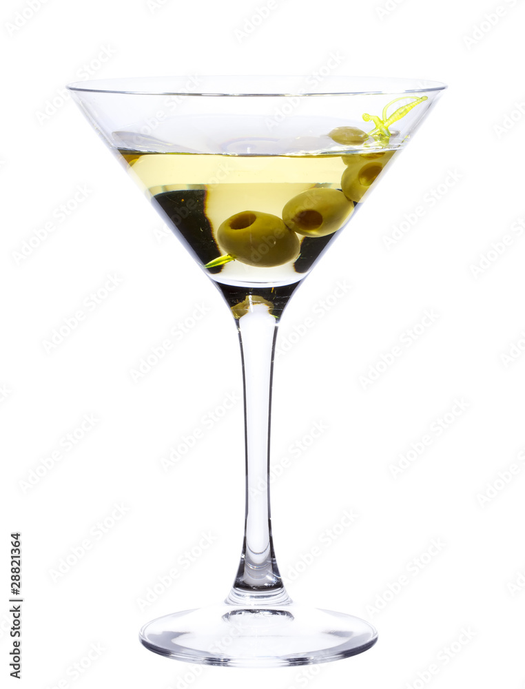 Glass of Martini with olives isolated on white