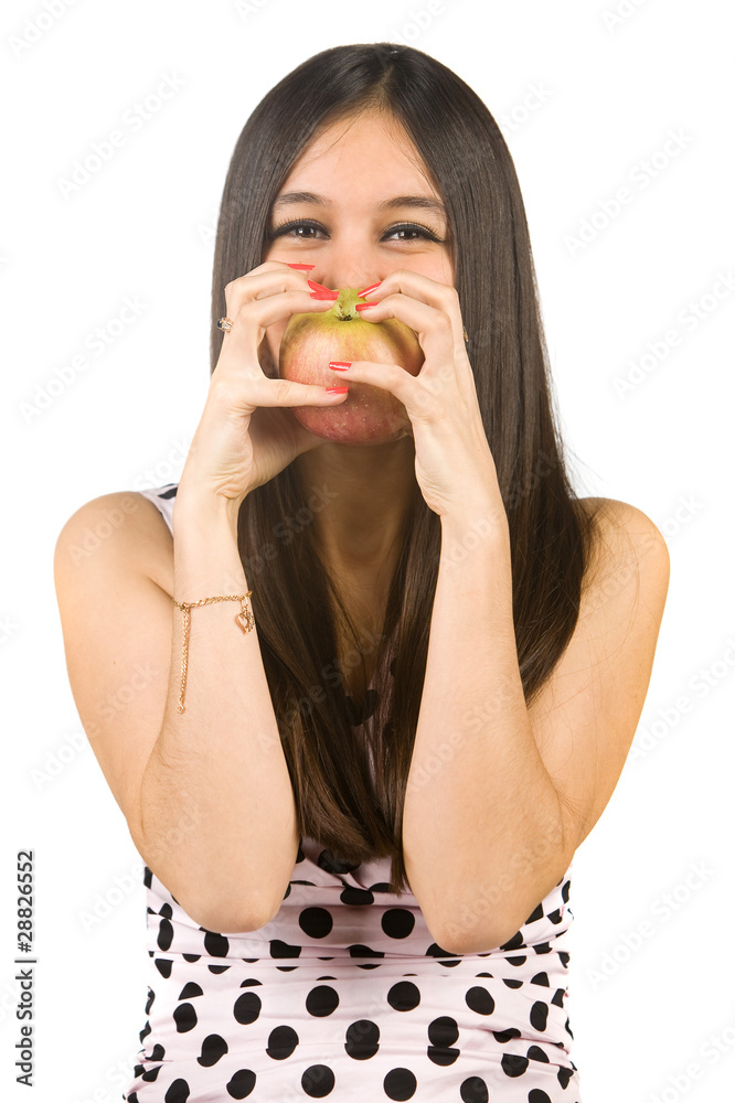 Beautiful asian girl eat the apple. Healthy eating