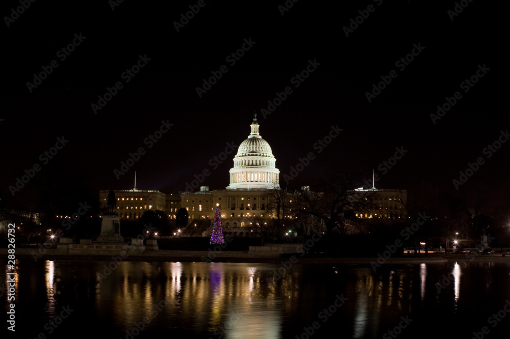 Night Illuminated US Capitol Building with Reflection and Christ