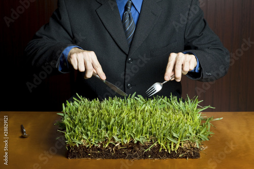 Man holding a fork and knife cutting into a plate of grass