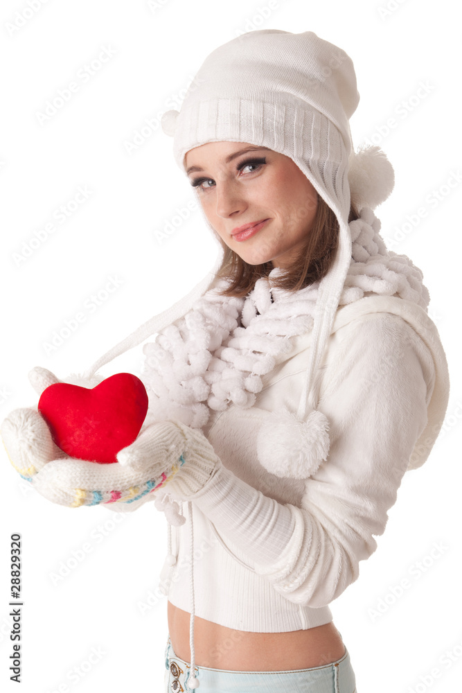 Young woman with red heart in hands Young woman with red heart in hands