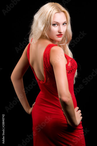 blonde woman in evening dress