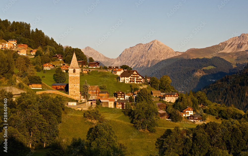 Idyllic alpine village in Switzerland - evening