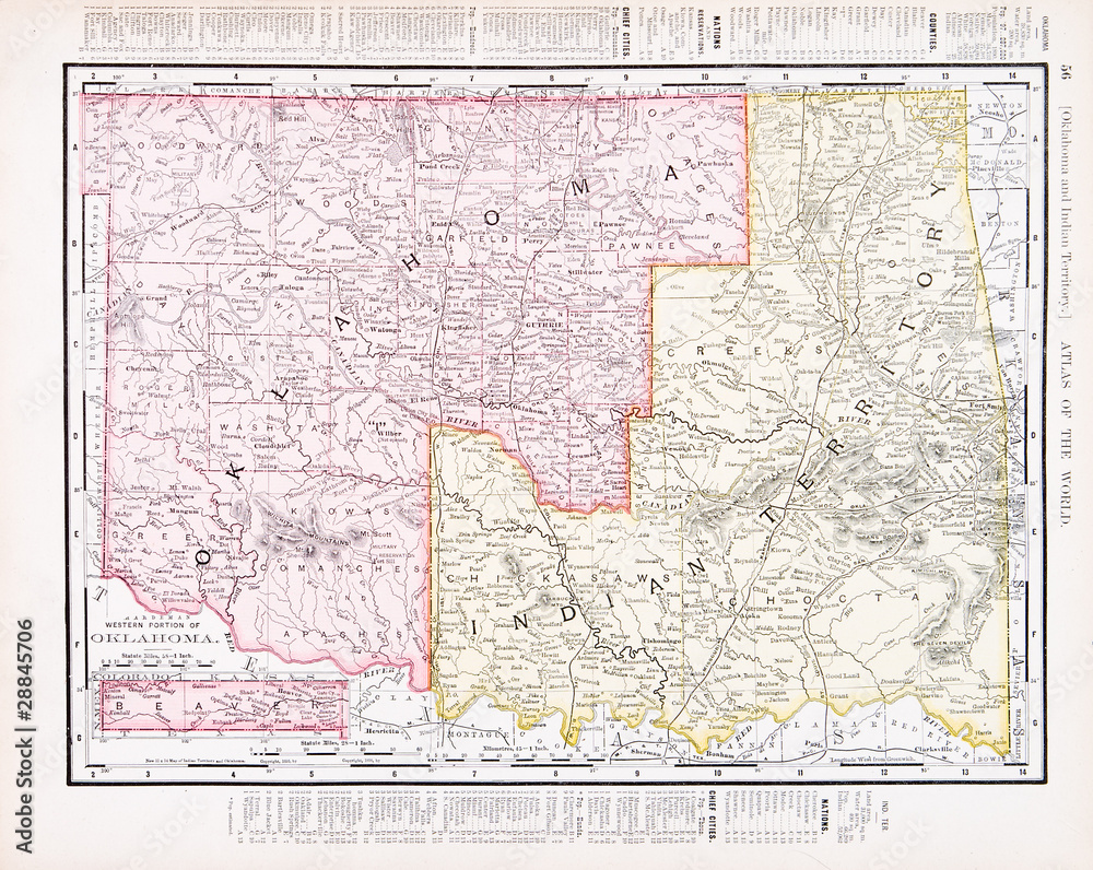 Antique Vintage Color Map of Oklahoma Indian Territory, USA