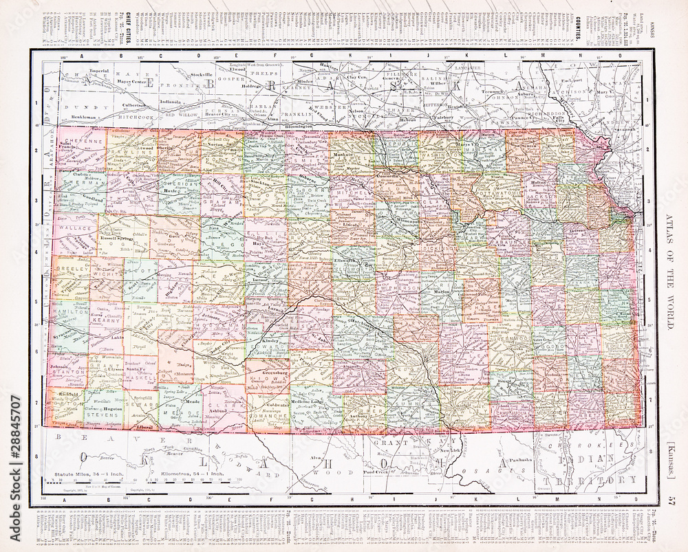 Antique Vintage Color Map of Kansas, KS, United States USA