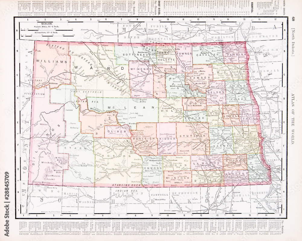 Antique Vintage Color Map of North Dakota, ND, United States USA