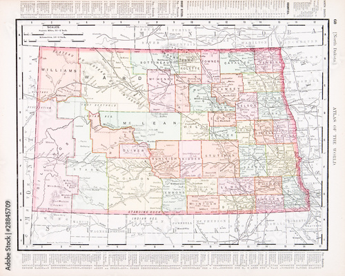 Antique Vintage Color Map of North Dakota, ND, United States USA
