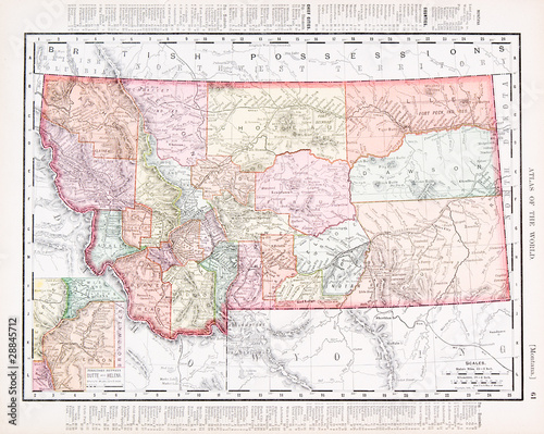 Antique Vintage Color Map of Montana, MT, United States, USA