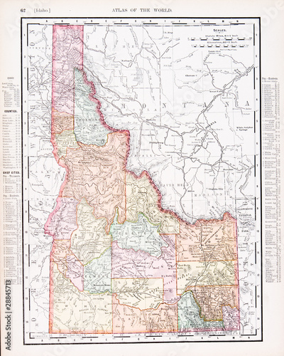 Antique Vintage Color Map of Idaho  ID  United States  USA