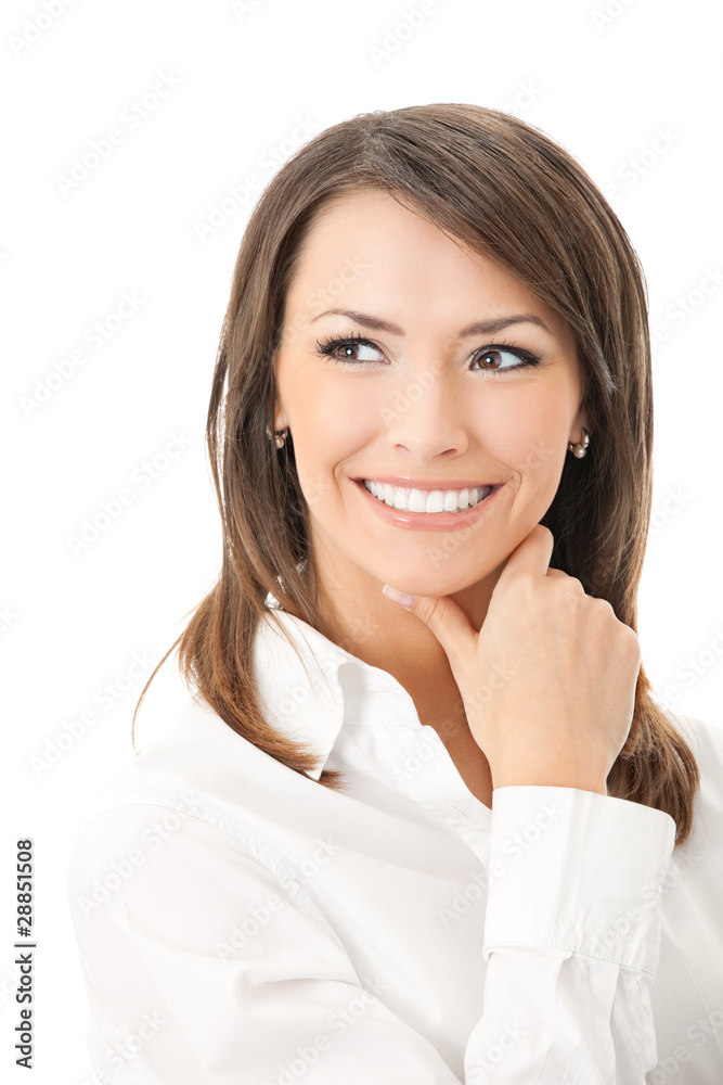 Portrait of happy smiling thinking businesswoman, isolated Portrait of happy smiling thinking businesswoman, isolated