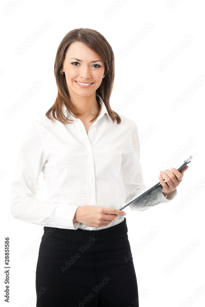 Happy smiling businesswoman with clipboard, isolated Happy smiling businesswoman with clipboard, isolated